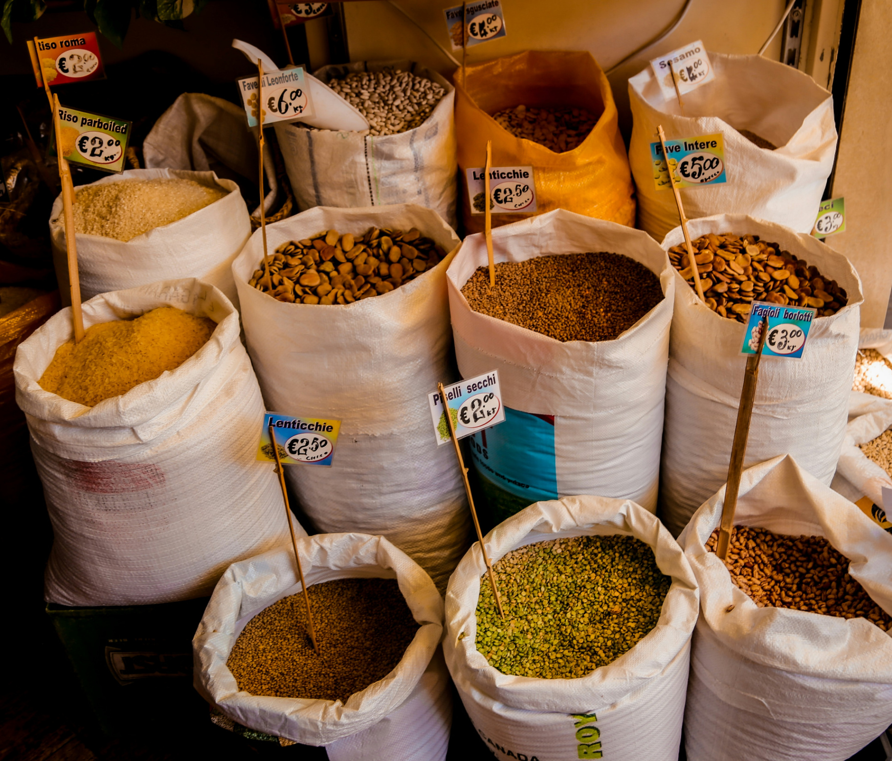 Spices and pulses in sacks